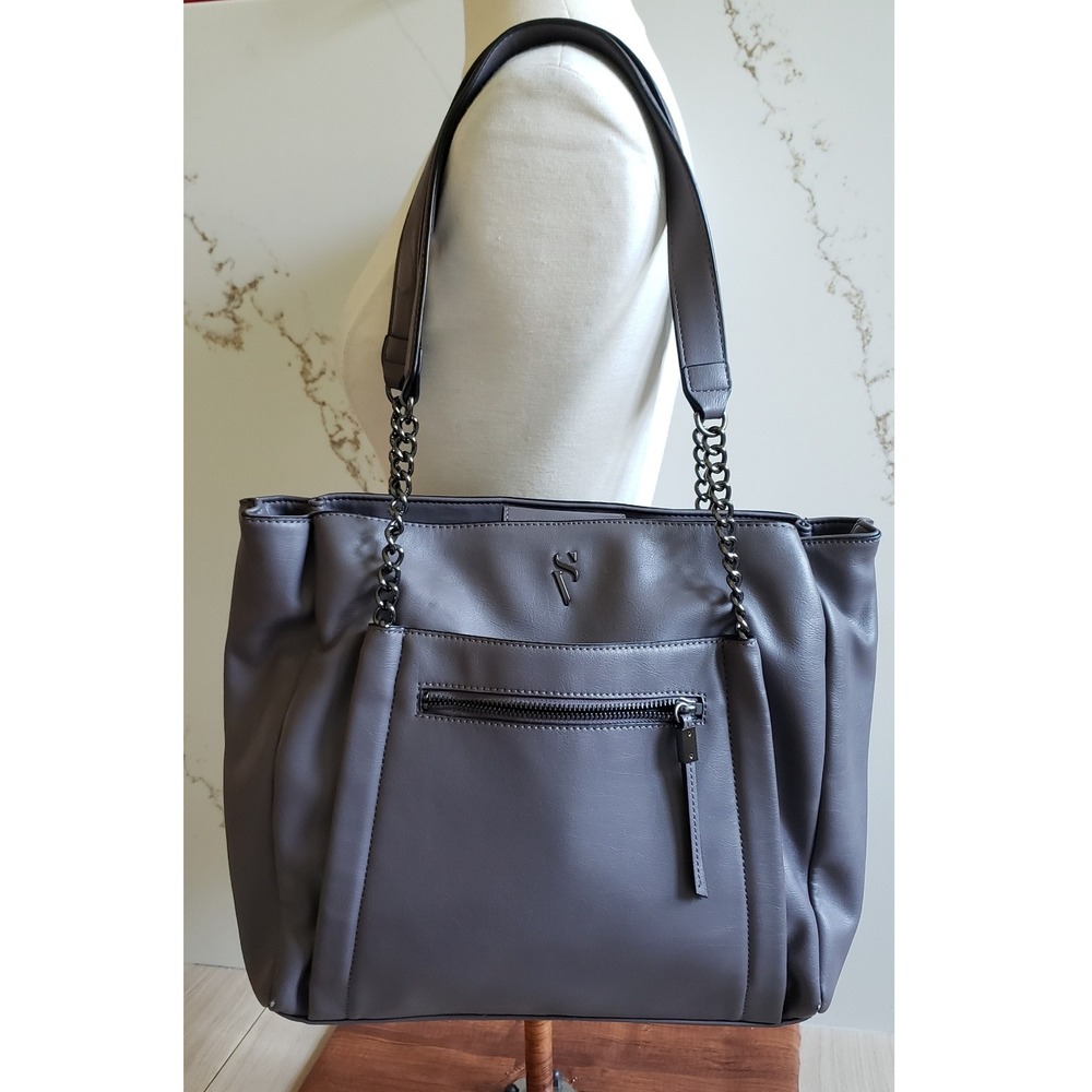 Vera Wang Tote Bag Womens Gray Faux Leather Chain Strap Shoulder Satchel Purse
